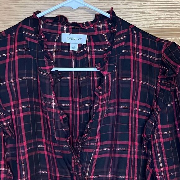 Evereve Charlotte Red Black Gold Ruffle Button Down Large - Picture 5 of 7